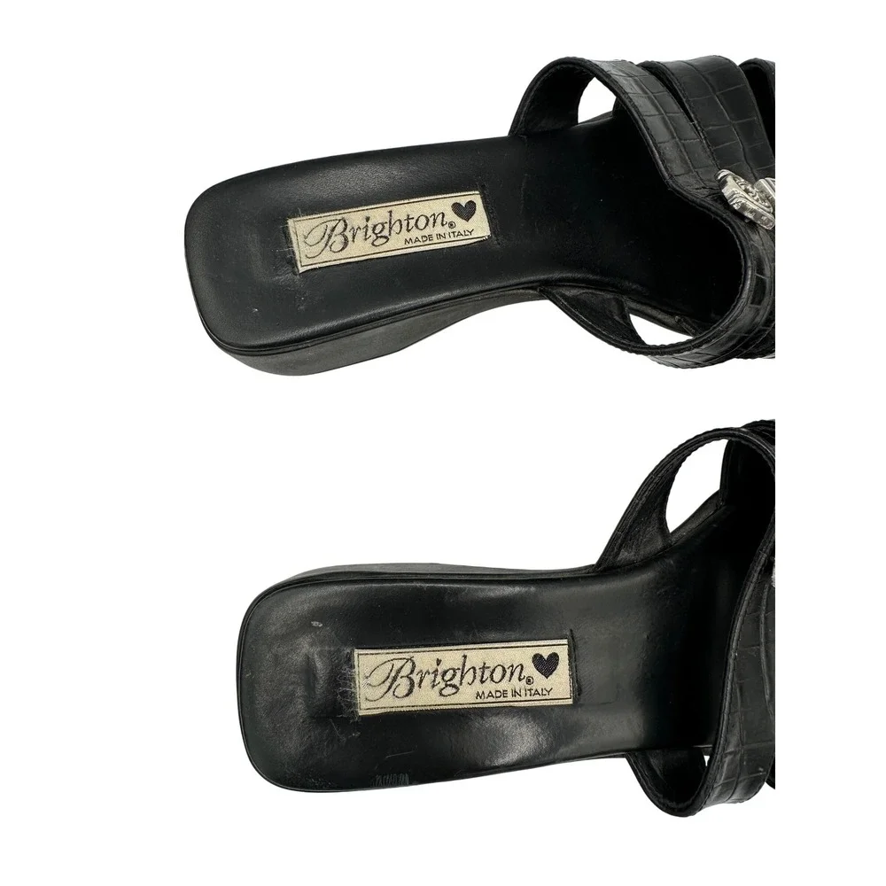 Brighton Sandals Size 8.5M Black Leather Crocodile Embossed Silver Accents Italy